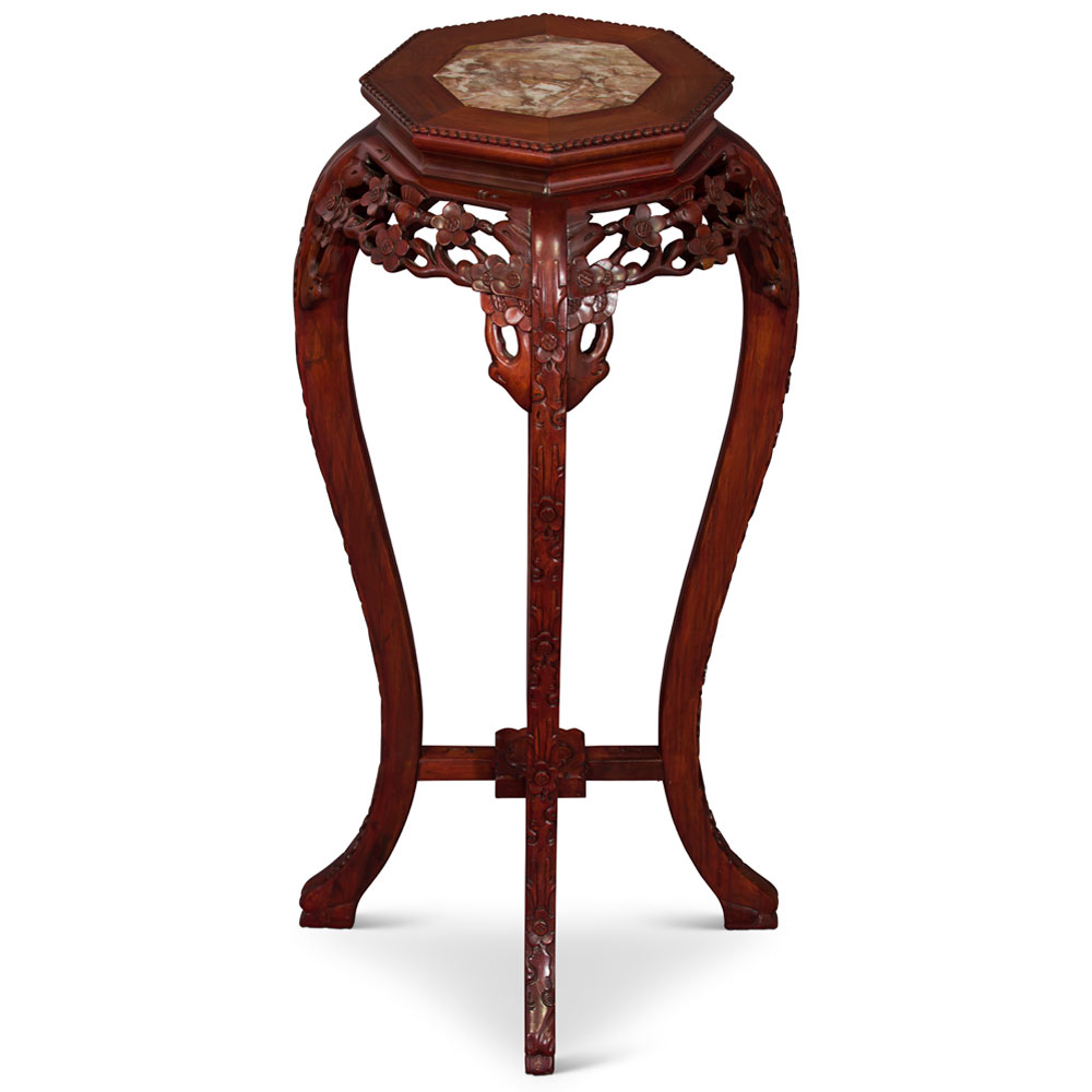 36in Red Cherry Rosewood Bird and Flower Motif Pedestal with Marble Inlay Top