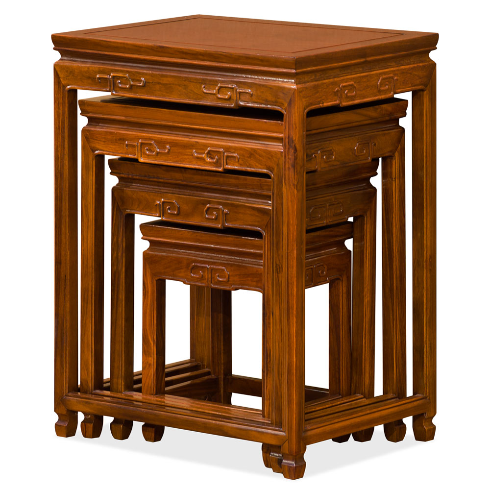Natural Finish Rosewood Chinese Key Motif Nesting Tables