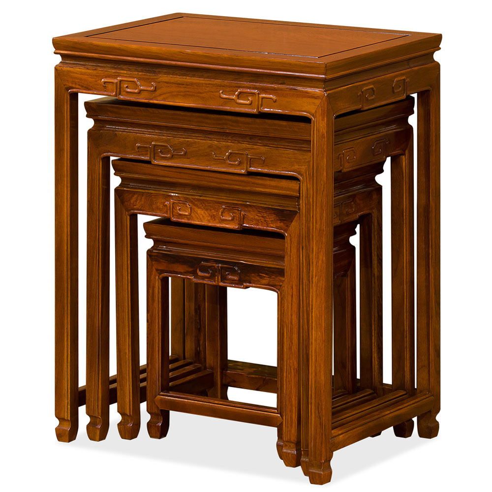 Natural Finish Rosewood Chinese Key Motif Nesting Tables