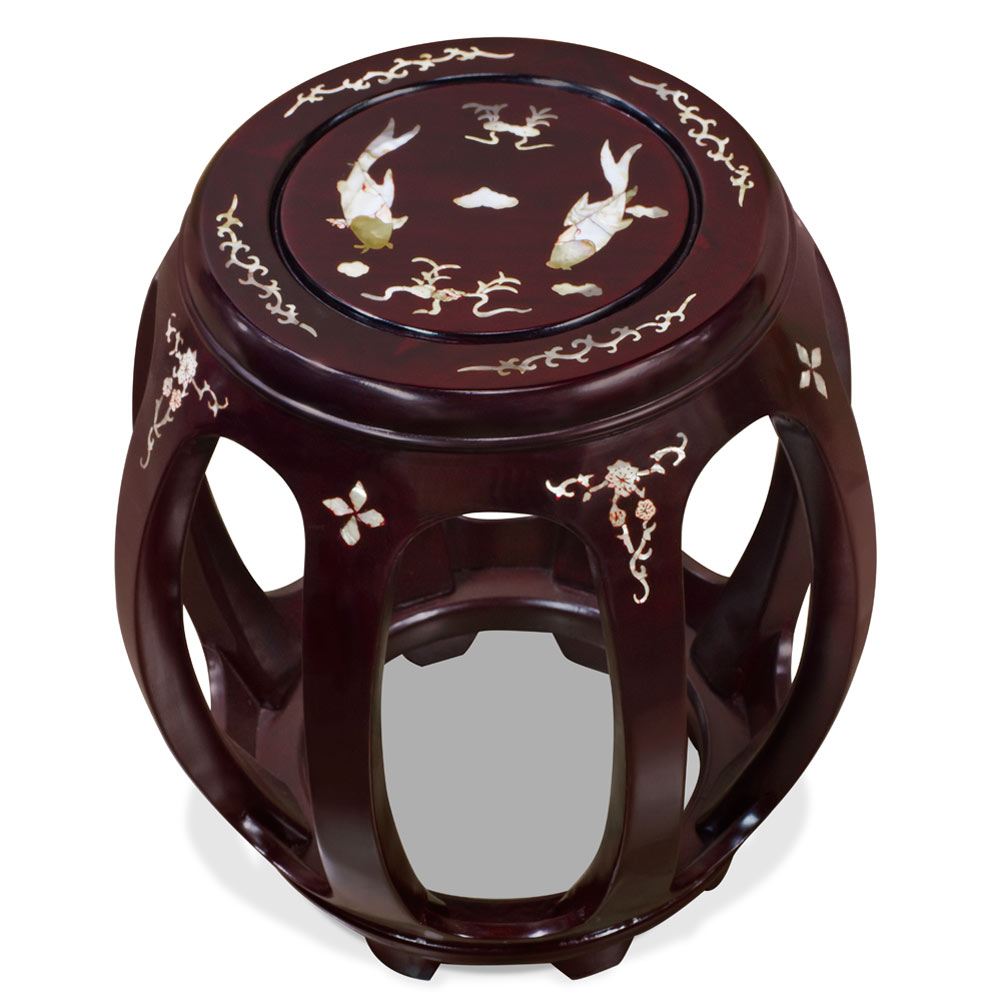 Dark Cherry Rosewood Mother of Pearl Inlay Asian Round Stool