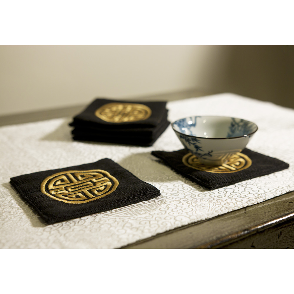 Set of 6 Black Coasters with Embroidered Gold Chinese Longevity Emblem