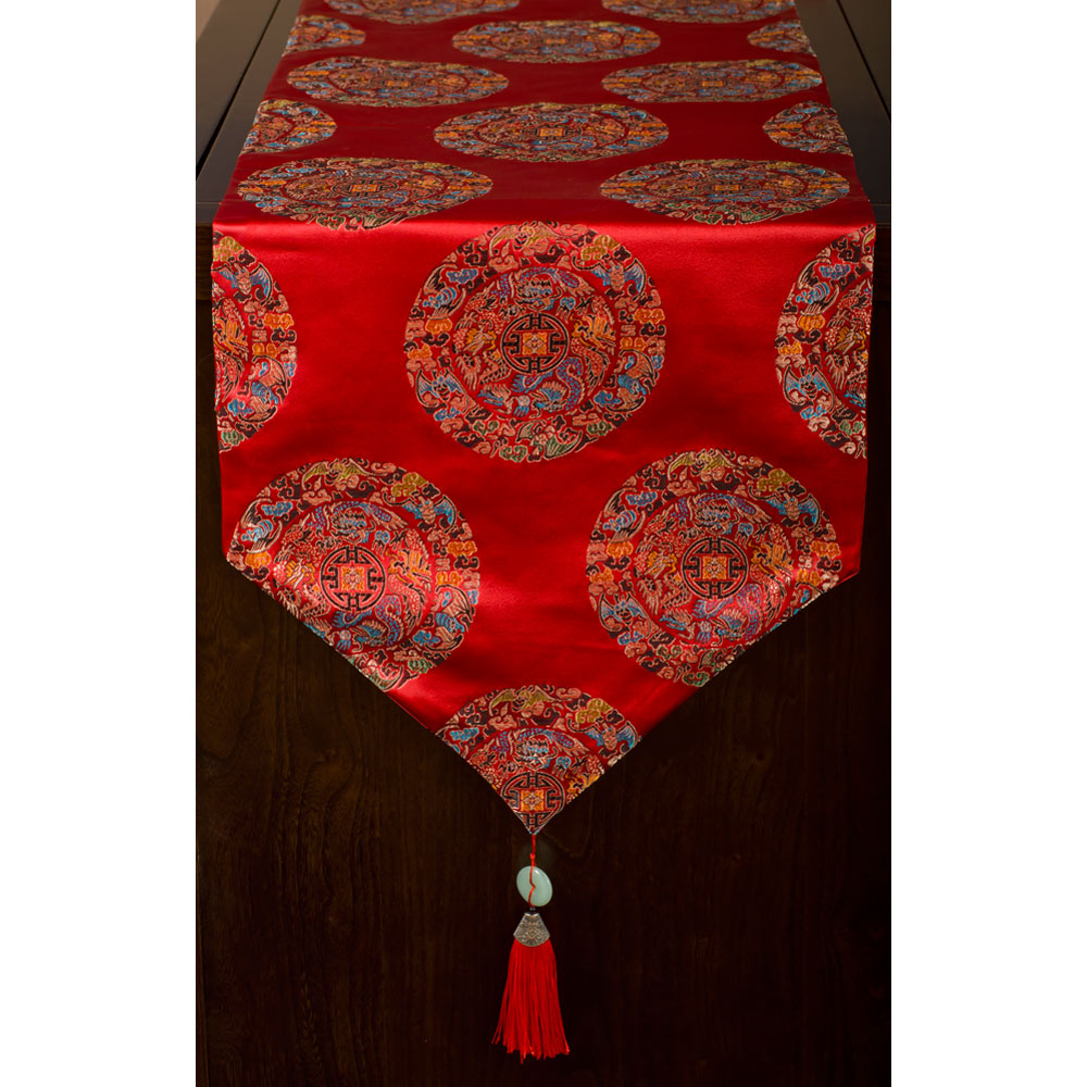 80 Inch Red Silk Chinese Imperial Dragon Table Runner