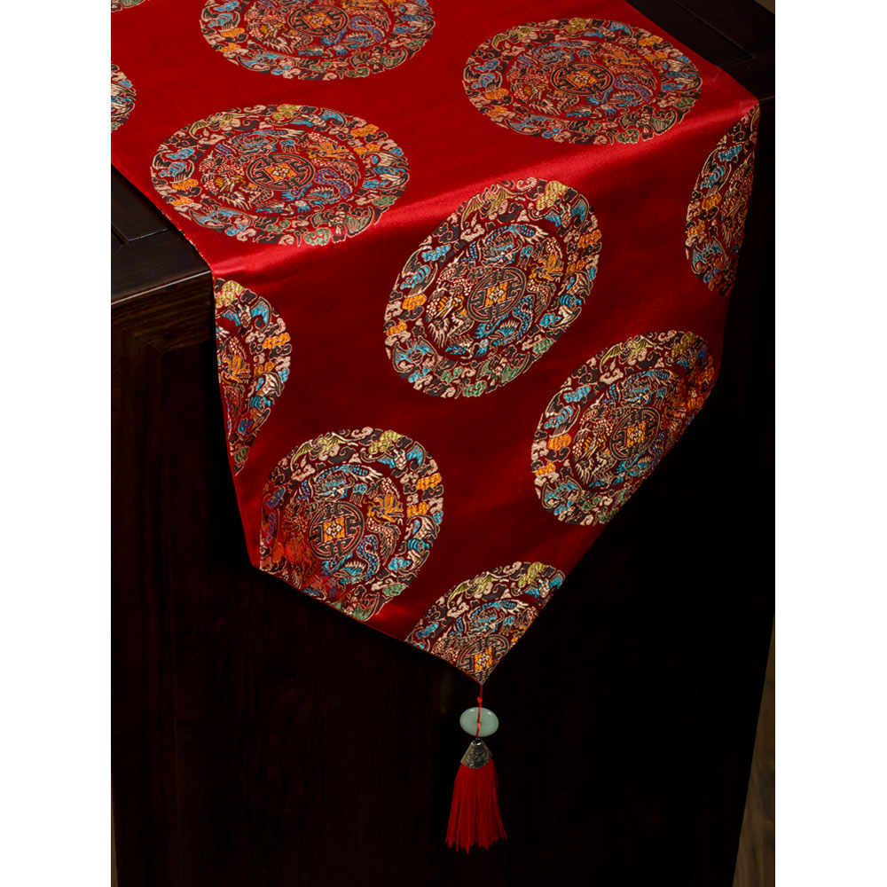 80 Inch Red Silk Chinese Imperial Dragon Table Runner