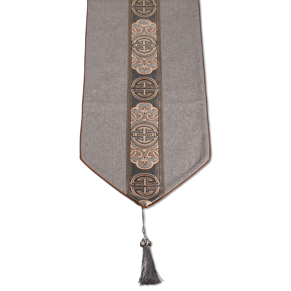 94in Gray Longevity Motif Chinese Table Runner with Tassels
