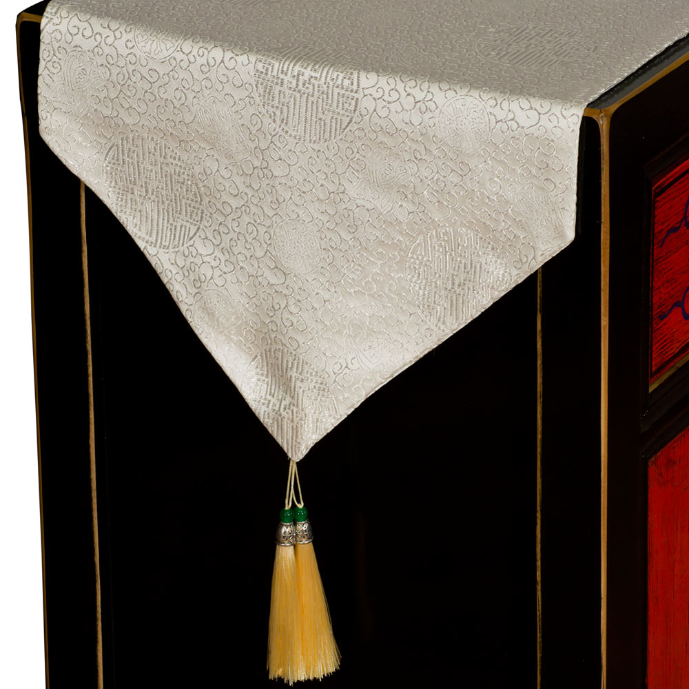 94in White Longevity Motif Chinese Table Runner with Gold Tassels