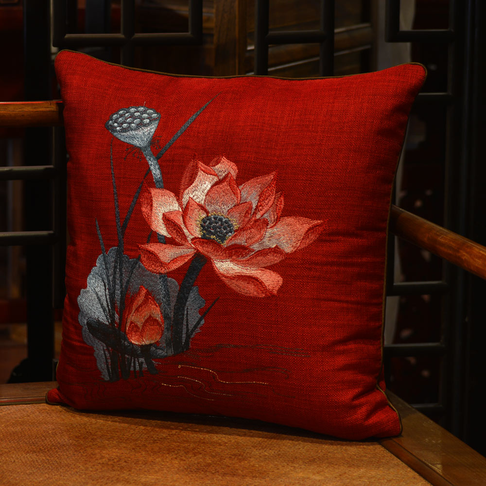 Red Chinese Linen Lotus Flower Embroidered Pillow