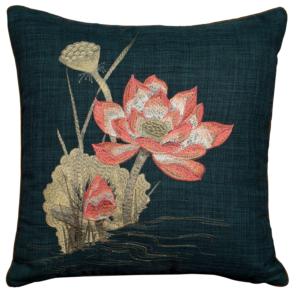 Navy Blue Chinese Linen Lotus Flower Embroidered Pillow