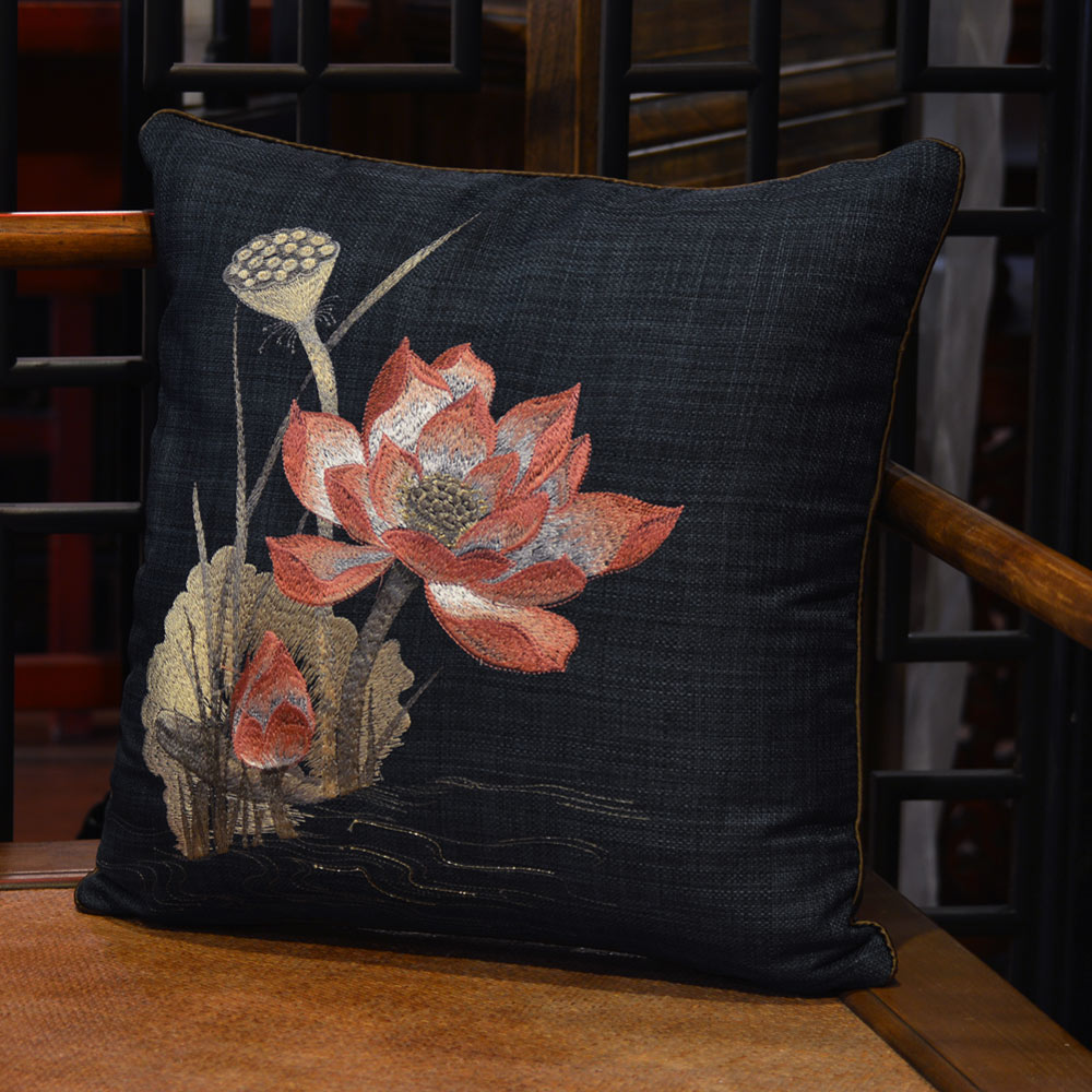 Navy Blue Chinese Linen Lotus Flower Embroidered Pillow
