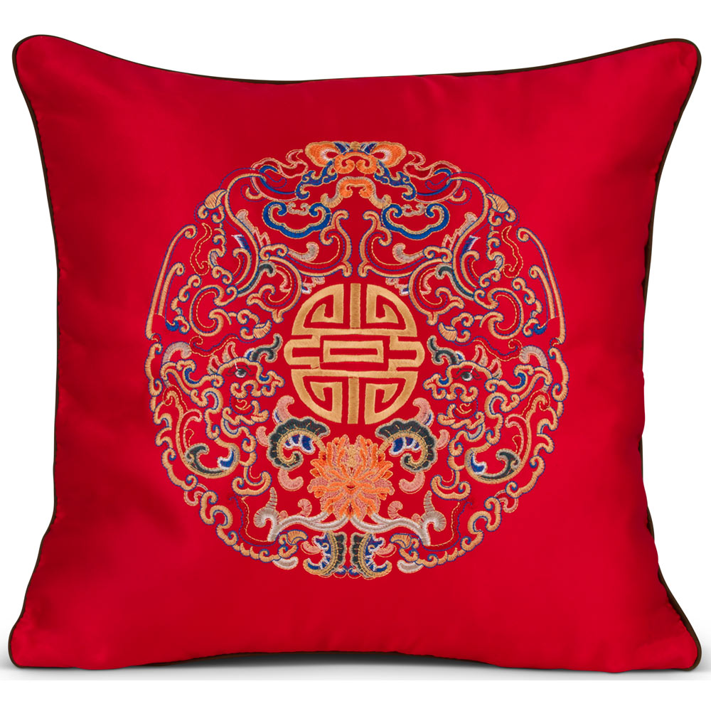 Royal Red Embroidered Longevity Motif Chinese Silk Pillow