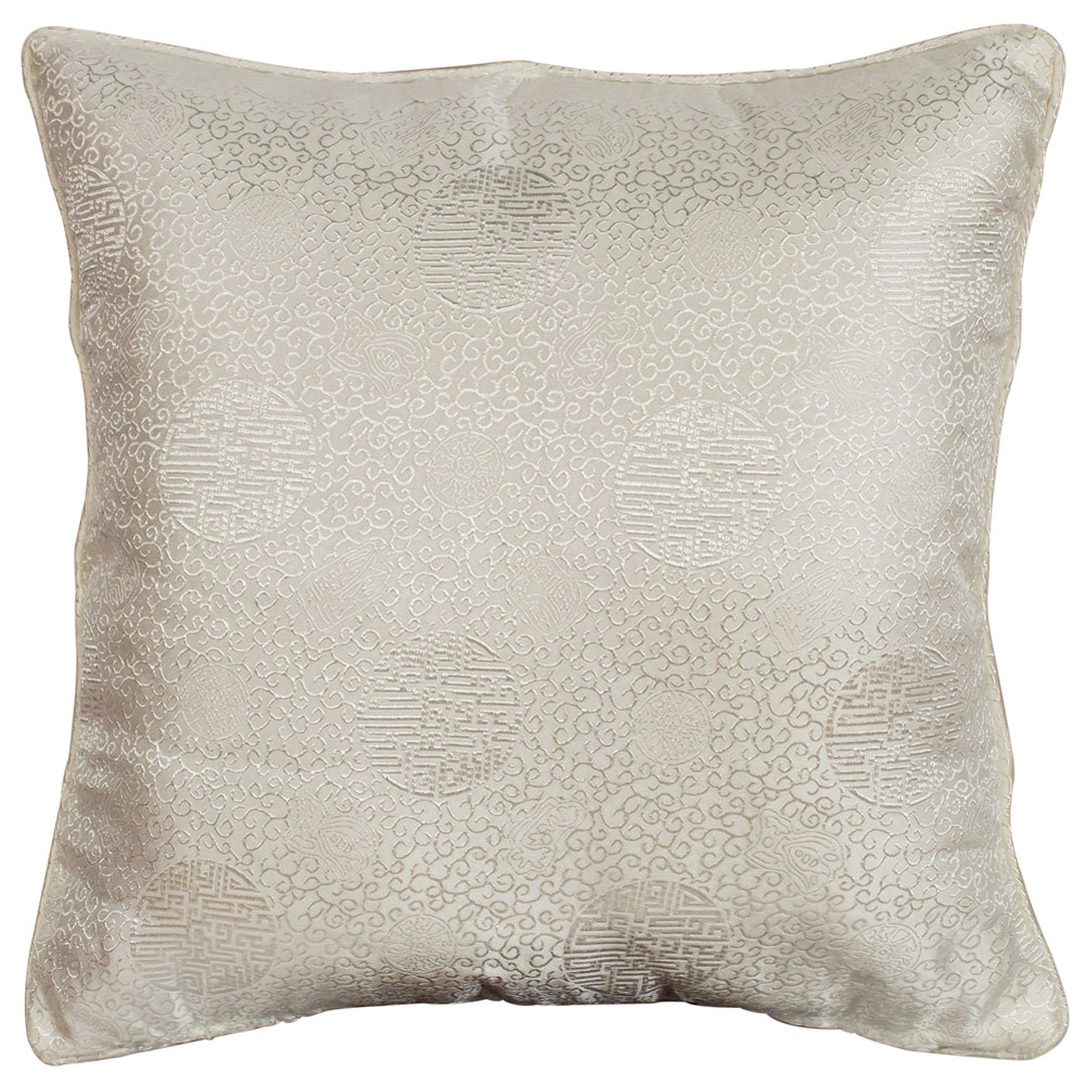 White Longevity Motif Chinese Silk Pillow (#8)
