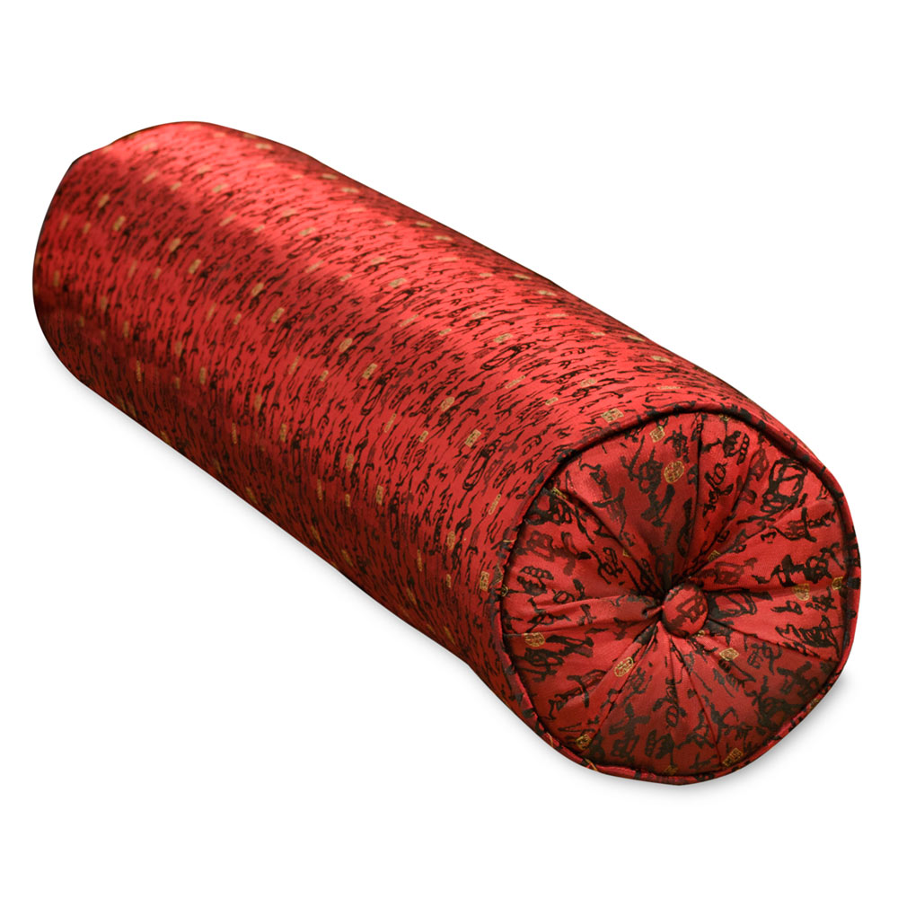 Maroon Silk Chinese Calligraphy Long Bolster Pillow