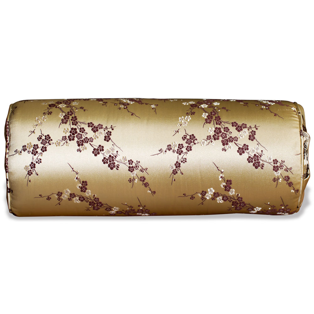 Gold Silk Plum Blossom Motif Chinese Bolster Pillow