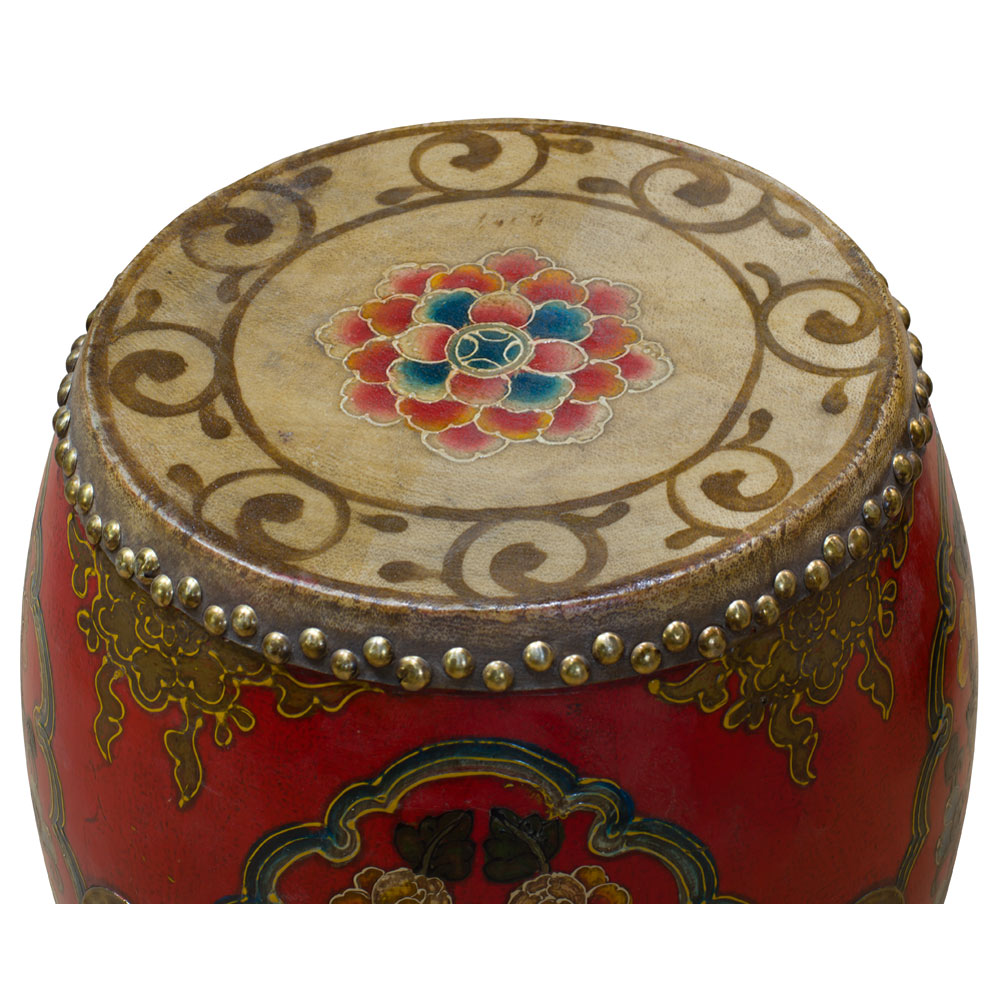 Tibetan Ceremonial Drum with Hand Painted Floral Art