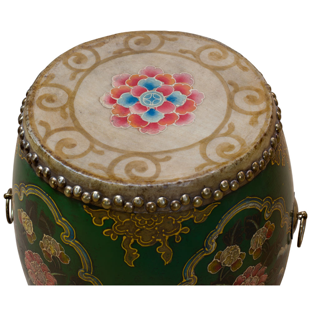 Green Tibetan Ceremonial Drum with Hand Painted Floral Art
