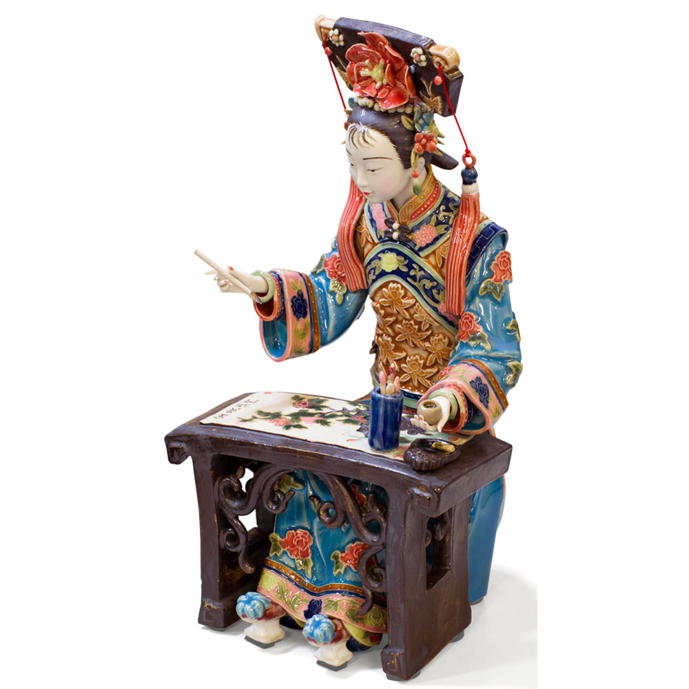 Chinese Porcelain Figurine, Lady Painting Calligraphy