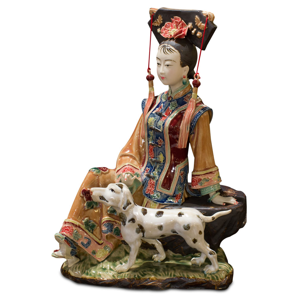 Chinese Porcelain Figurine, Qing Dynasty Lady with Dalmatian