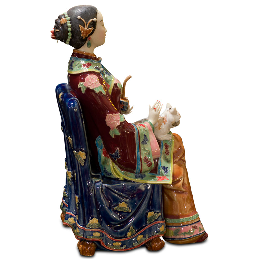 Chinese Porcelain Figurine, Qing Dynasty Lady with Cat