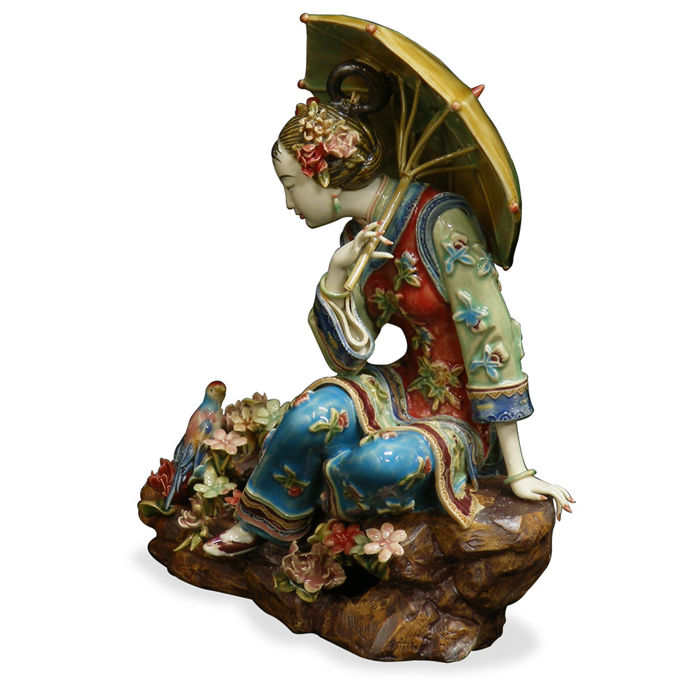 Chinese Porcelain Figurine, Shi Wan Lady with Bird