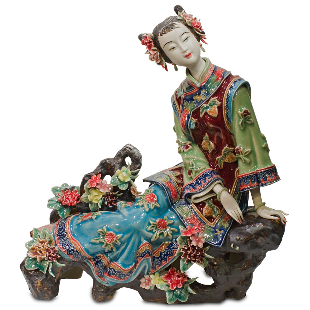 Chinese Porcelain Figurine, Shi Wan Lady with Cherry Blossoms