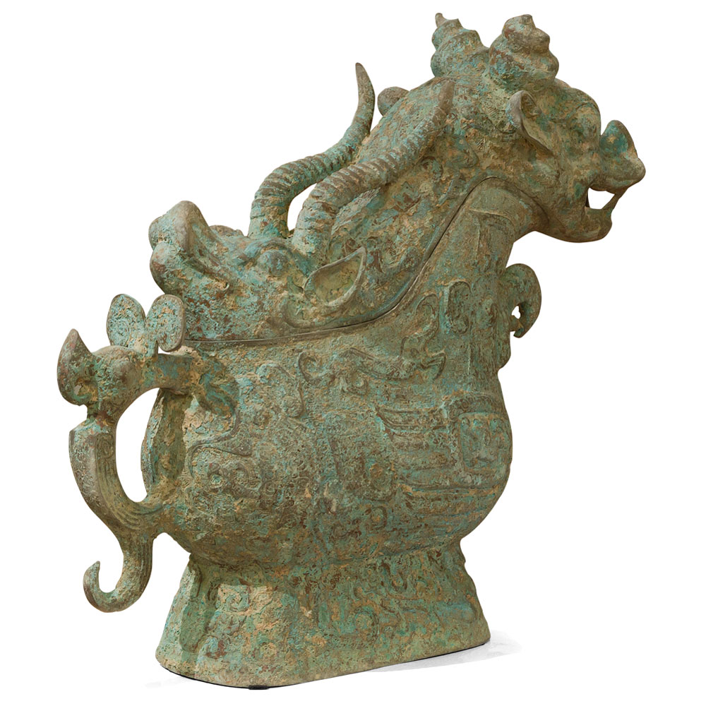 Bronze Patina Shang Dynasty Chinese Wine Vessel