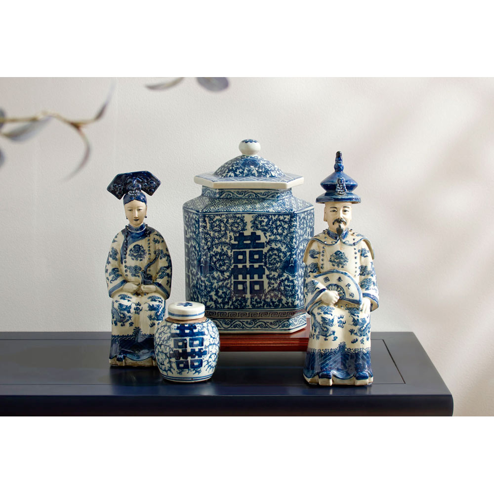 Blue and White Porcelain Qing Emperor and Empress Chinese Statue Set