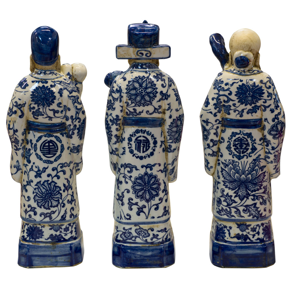 Blue and White Porcelain Three Lucky Gods Chinese Statue Set