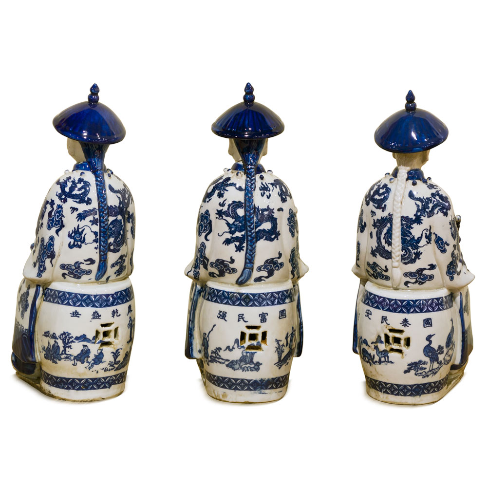 Blue and White Porcelain Sitting Qing Emperors Chinese Statue Set