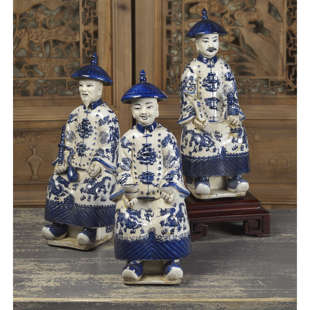 Blue and White Porcelain Sitting Qing Emperors Chinese Statue Set