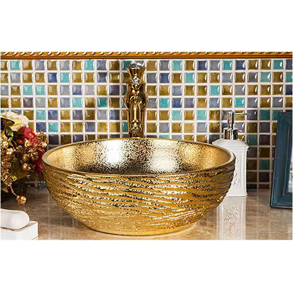 16in Abstact Design Gold Textured Oriental Porcelain Basin