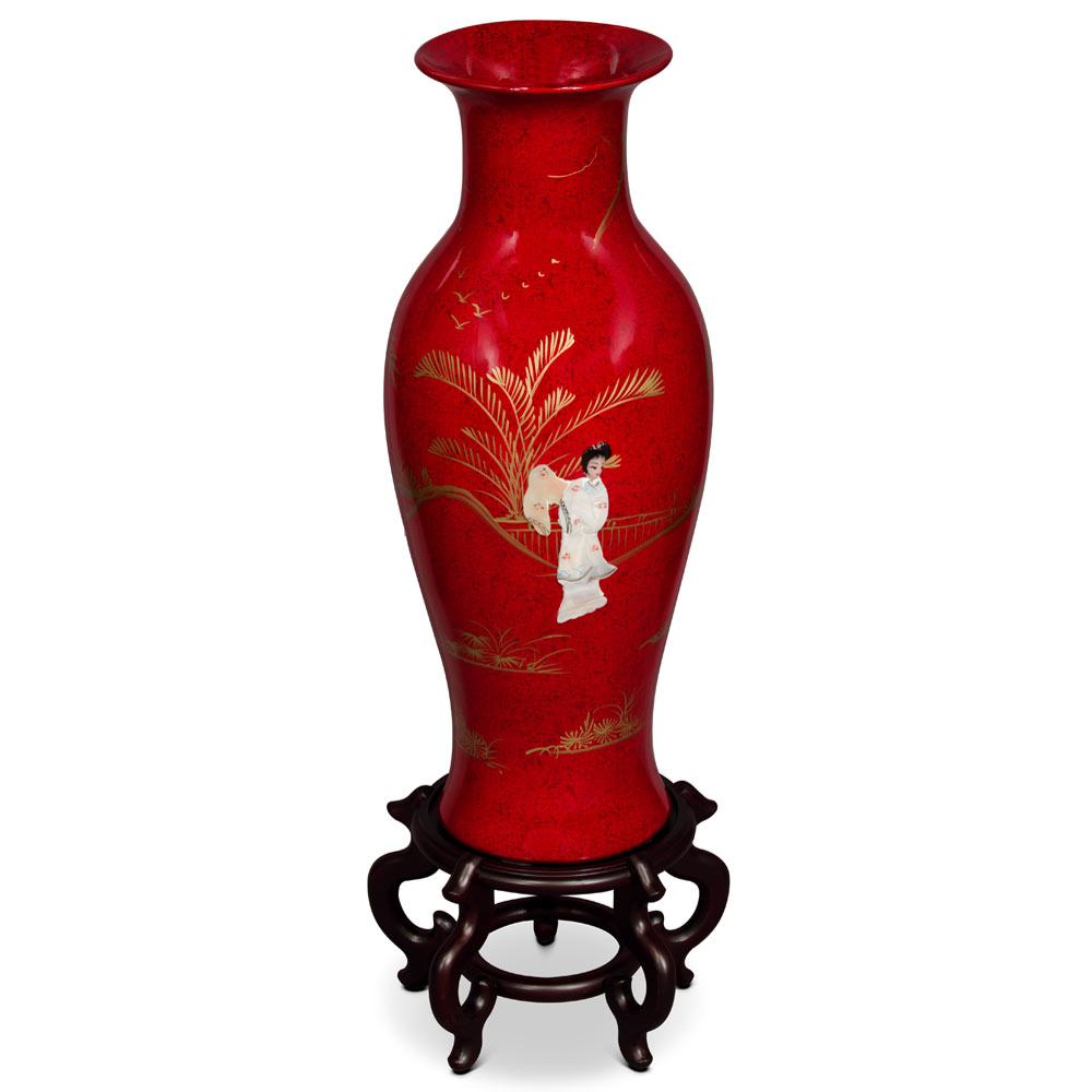 24 Inch Red Lacquer Mother of Pearl Oriental Porcelain Vase