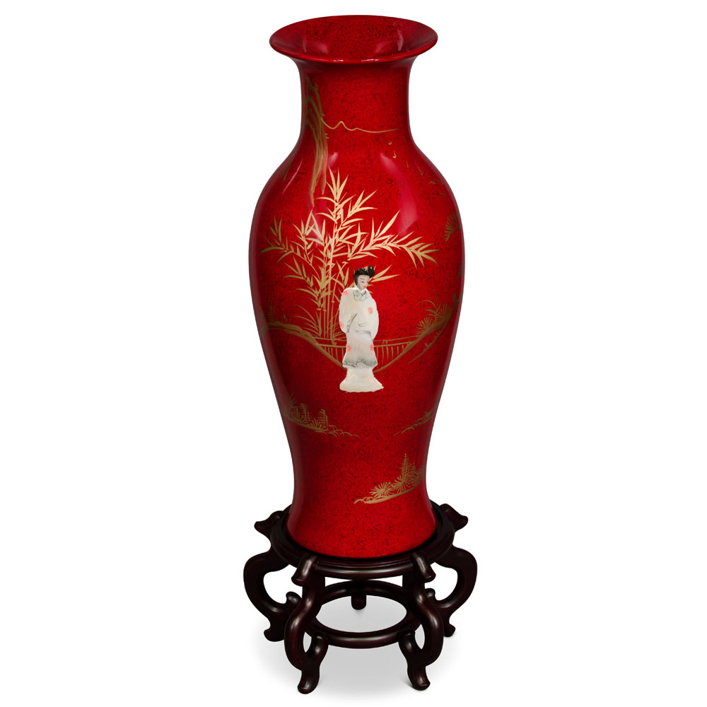 24 Inch Red Lacquer Mother of Pearl Oriental Porcelain Vase