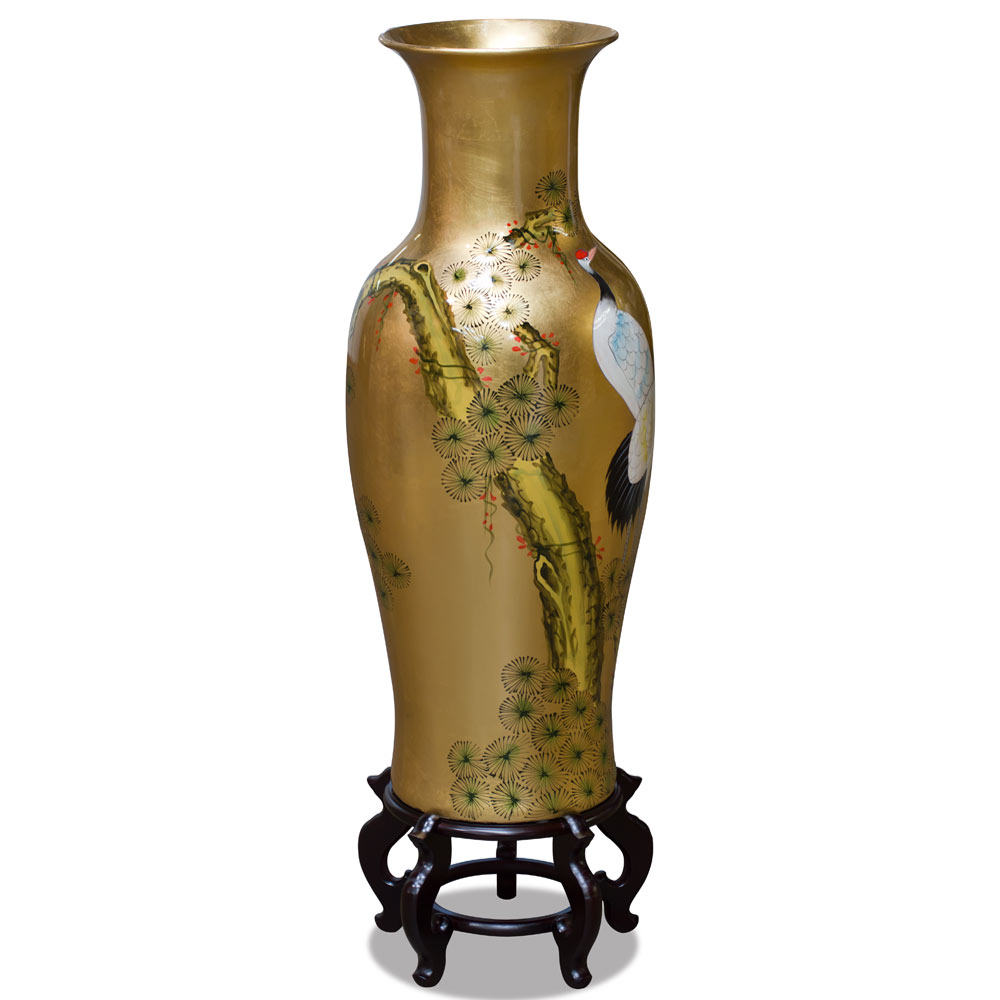 36 Inch Gold Leaf Longevity Cranes Oriental Vase