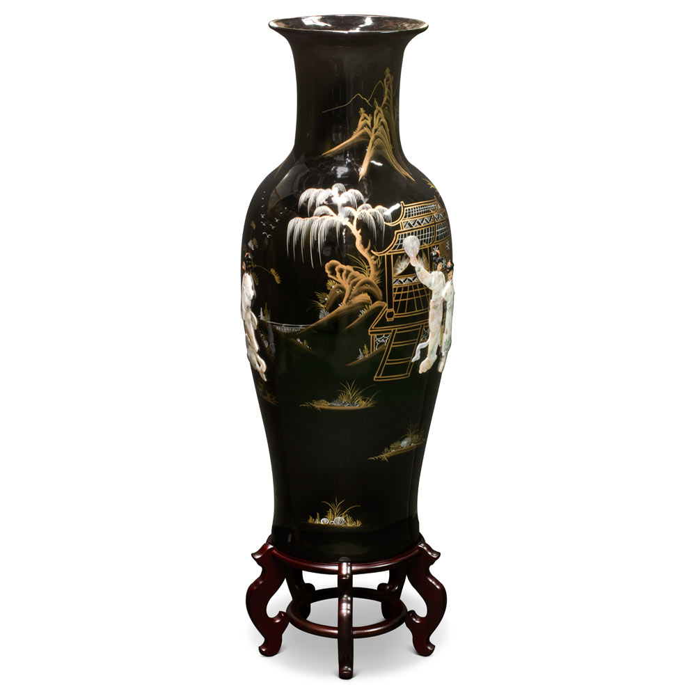 37.5 Inch Black Lacquer Mother of Pearl Oriental Porcelain Vase
