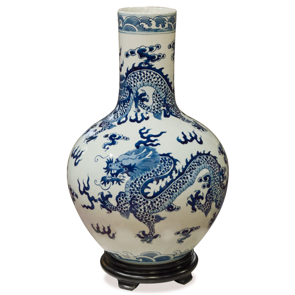 Blue and White Porcelain Imperial Dragon Motif Oriental Temple Vase
