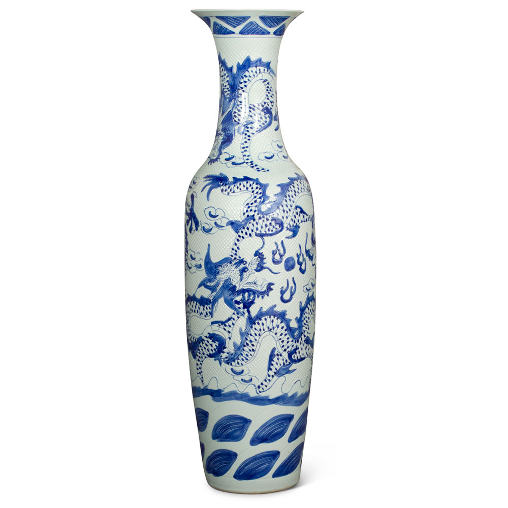55 Inch Blue and White Porcelain Imperial Dragon Motif Chinese Jingdezhen Vase