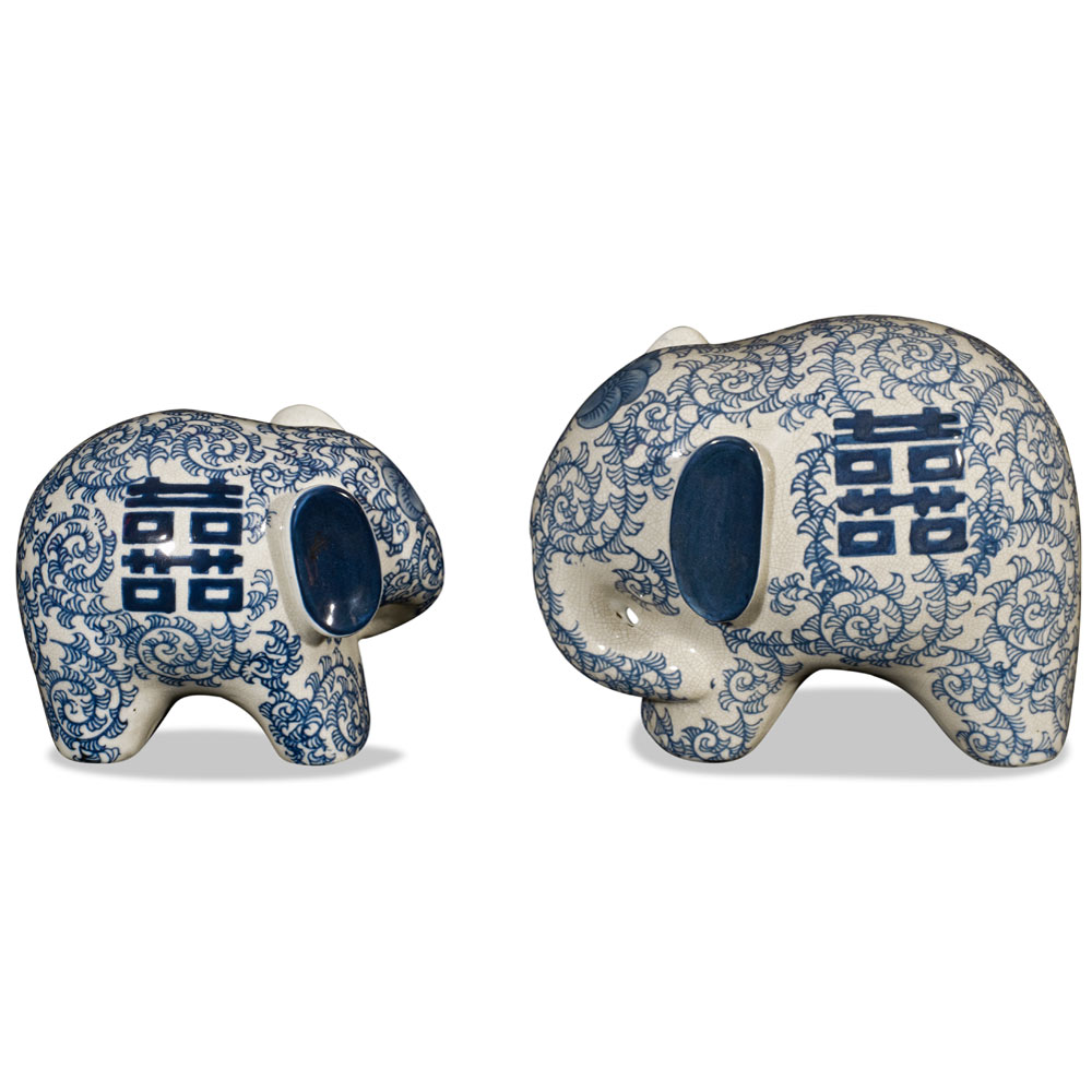 Blue and White Porcelain Double Happiness Elephant Set