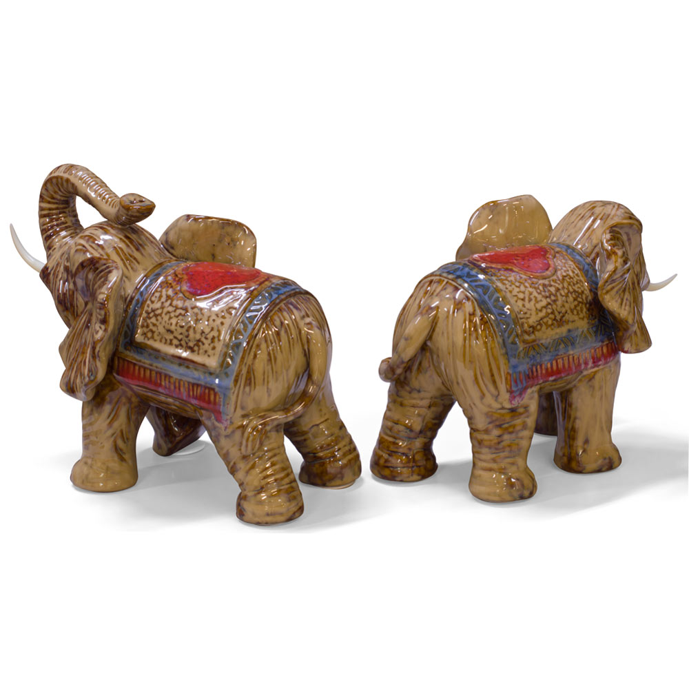 Porcelain Double Happiness Elephant Asian Statue Set