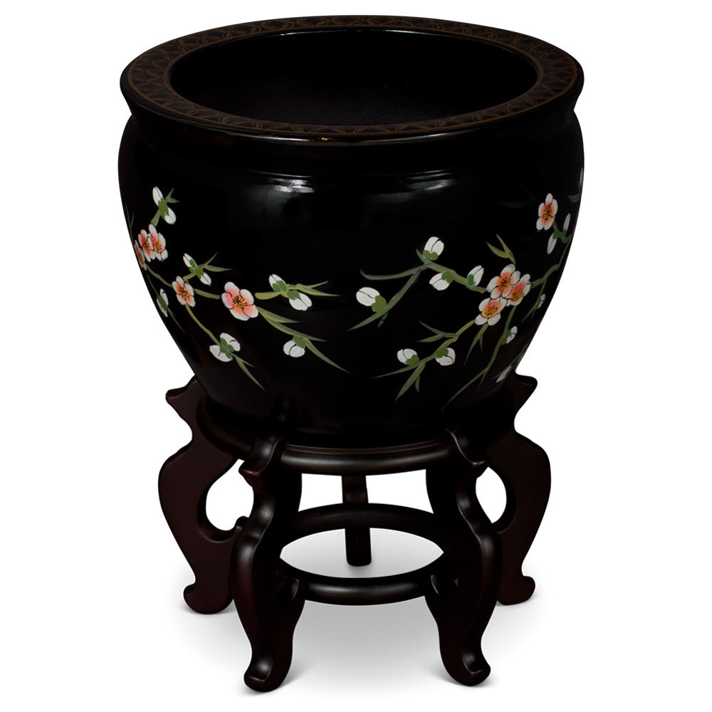 12 Inch Black Lacquer Porcelain Cherry Blossom Chinese Fishbowl Planter