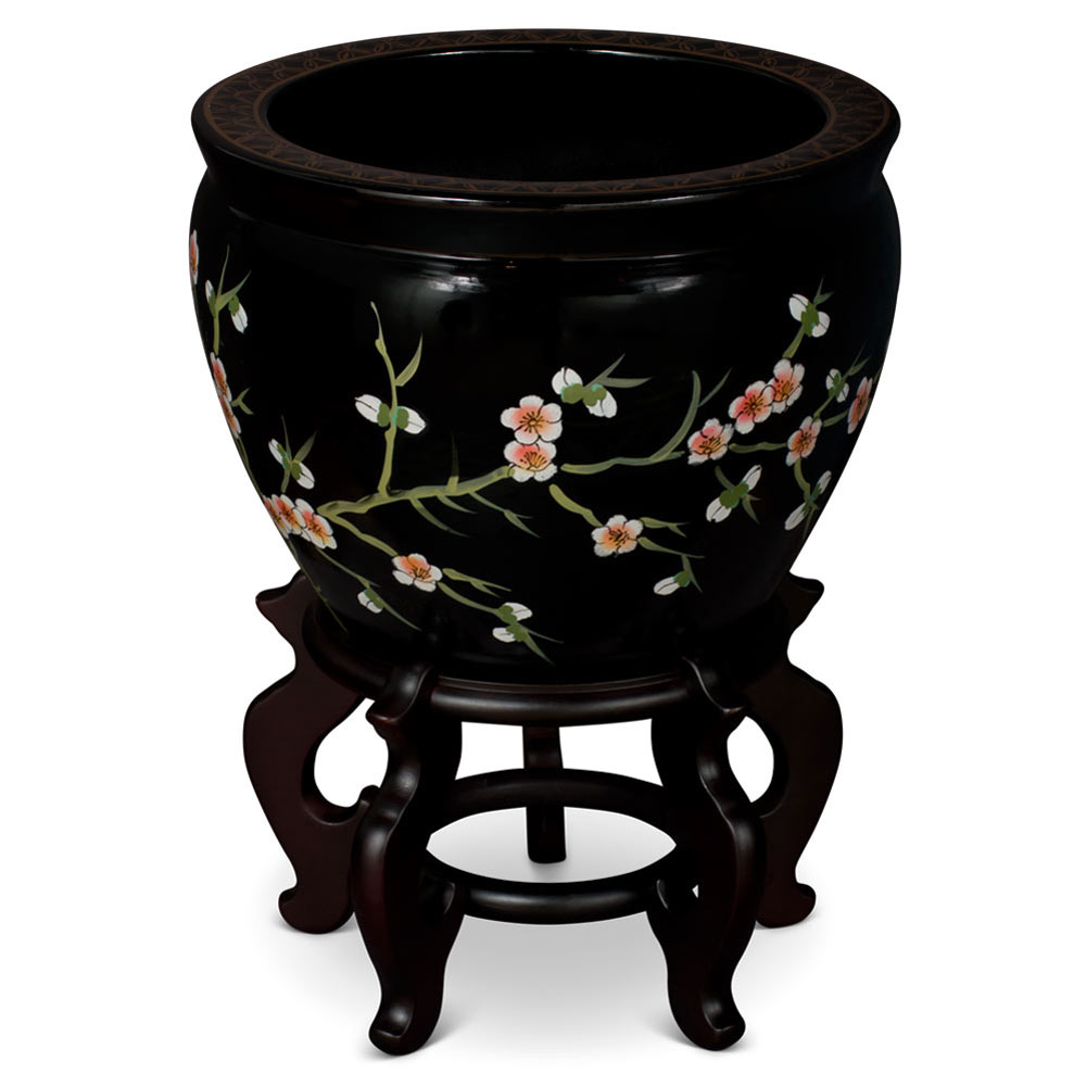 12 Inch Black Lacquer Porcelain Cherry Blossom Chinese Fishbowl Planter