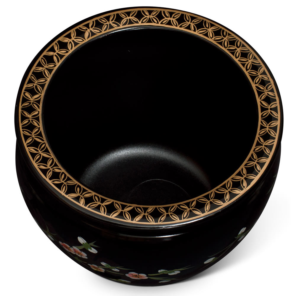 12 Inch Black Lacquer Porcelain Cherry Blossom Chinese Fishbowl Planter