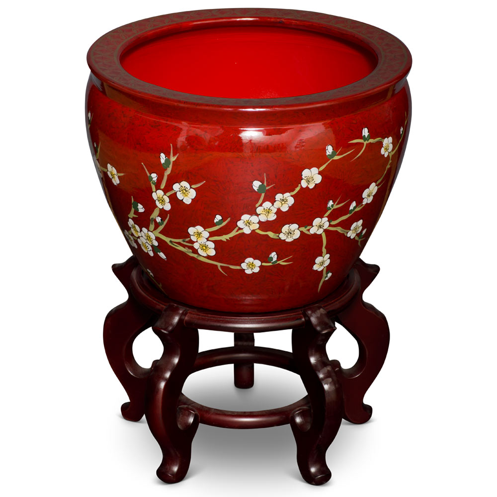 14 Inch Red Cherry Blossom Design Chinese Fishbowl Planter