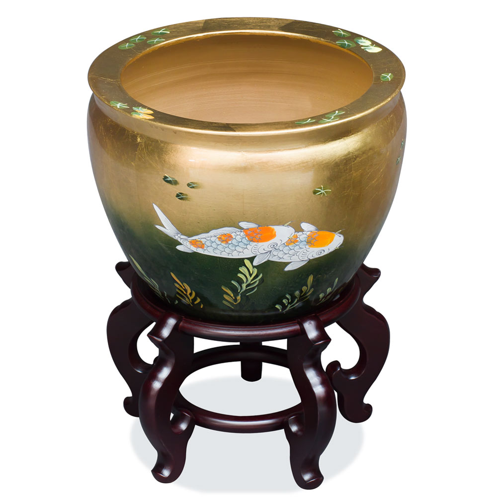 14 Inch Gold Prosperity Koi Design Chinese Fishbowl Planter