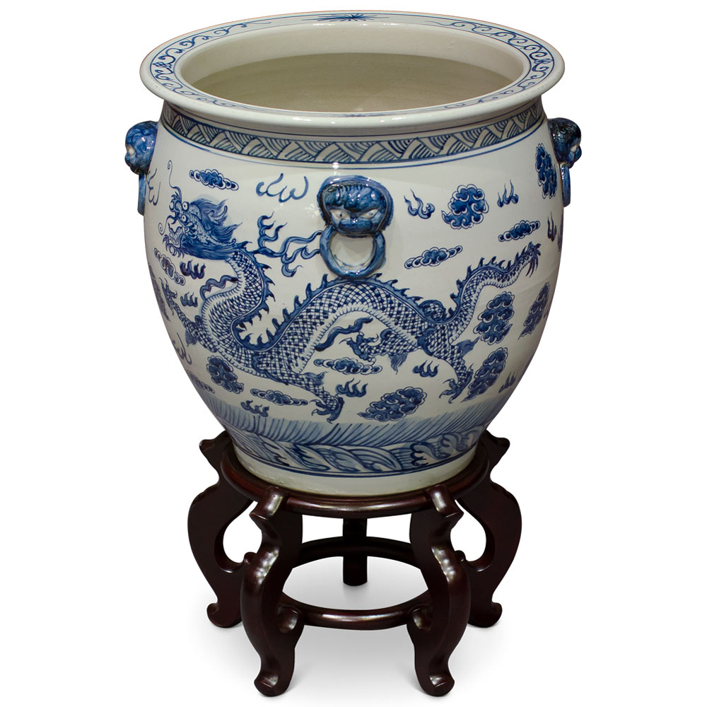 Floor Vase 16 in Floral Blue And White Porcelain Fish Bowl Bohemian Planter Pot 