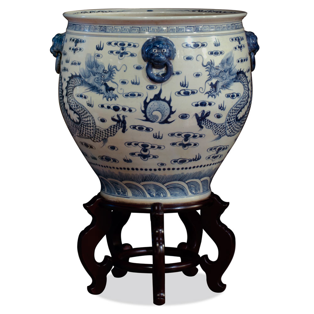 16 Inch Blue and White Porcelain Prosperity Dragon Chinese Fishbowl Planter