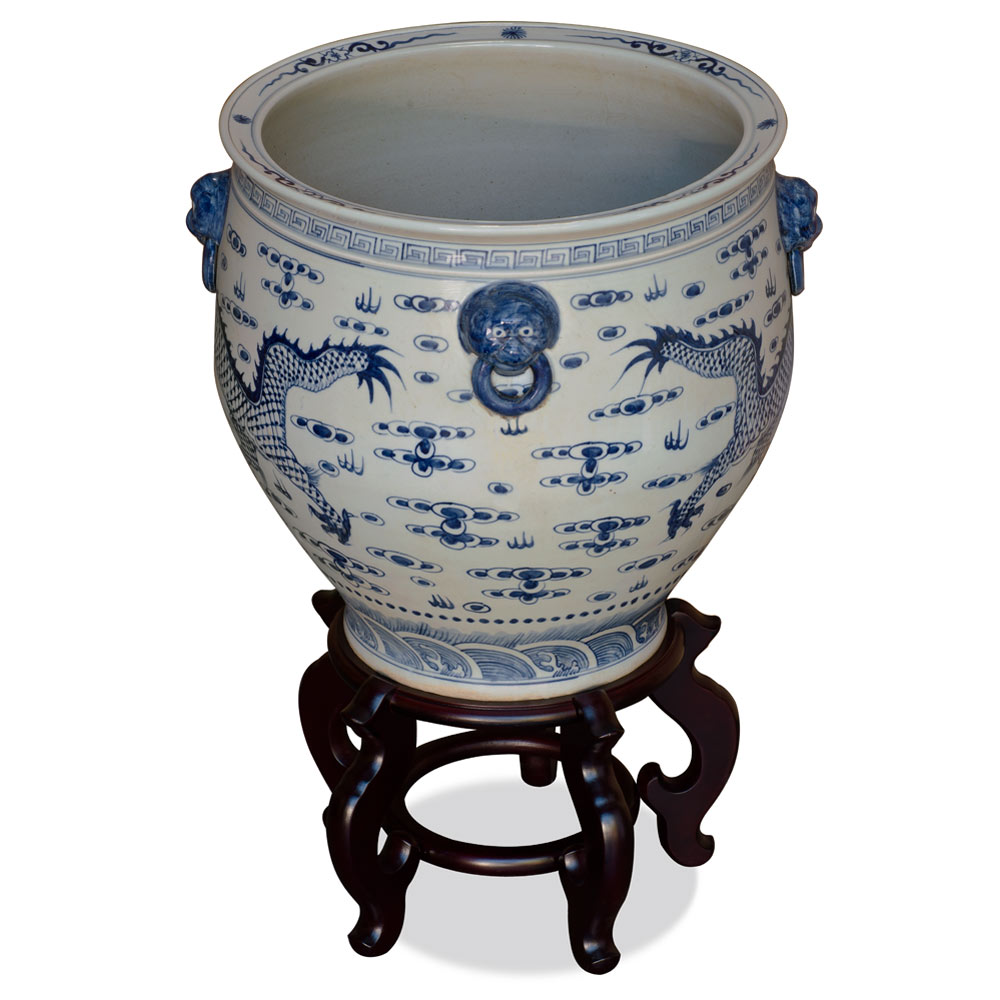 16 Inch Blue and White Porcelain Prosperity Dragon Chinese Fishbowl Planter