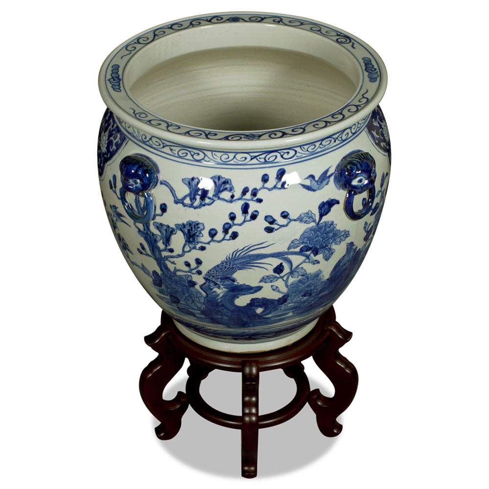 15.5 Inch Blue and White Porcelain Bird and Flower Chinese Fishbowl Planter