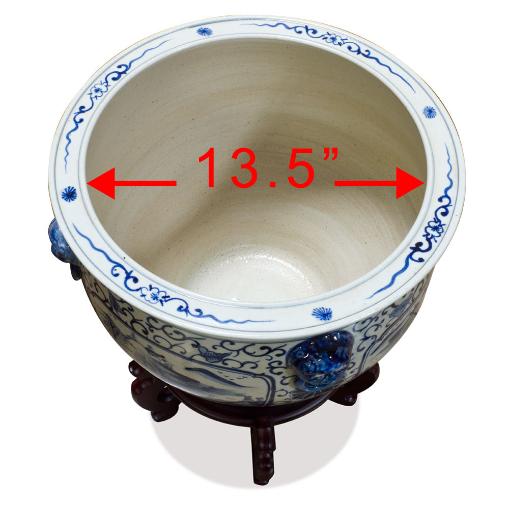 16.5 Inch Blue and White Porcelain Scenery Motif Chinese Fishbowl Planter