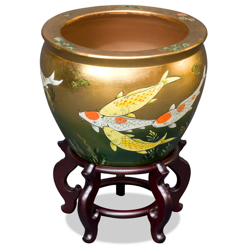 16 Inch Gold Prosperity Koi Design Chinese Fishbowl Planter