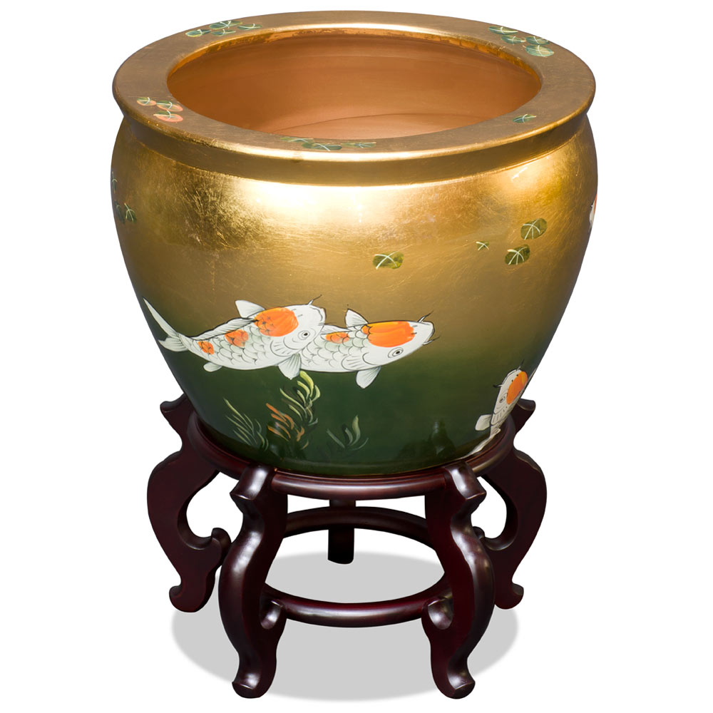 16 Inch Gold Prosperity Koi Design Chinese Fishbowl Planter