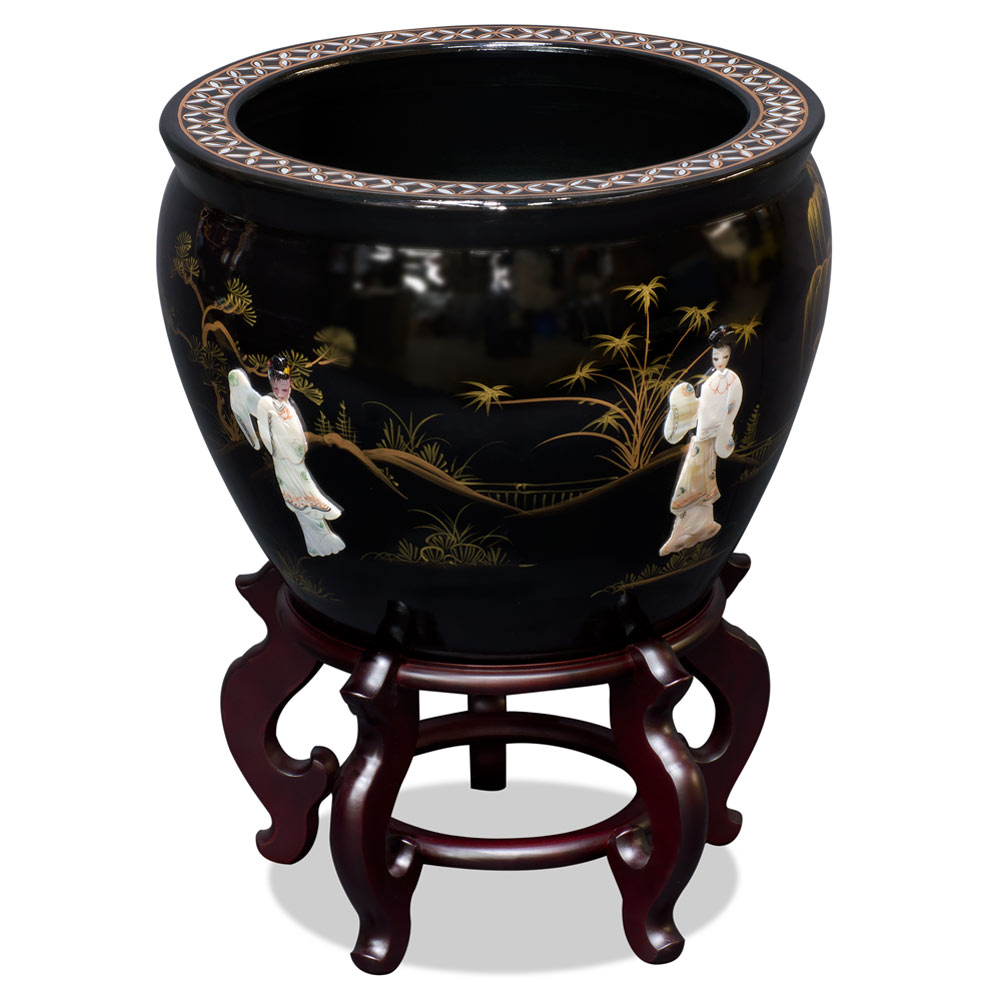 16 Inch Black Mother of Pearl Figurine Chinese Fishbowl Planter